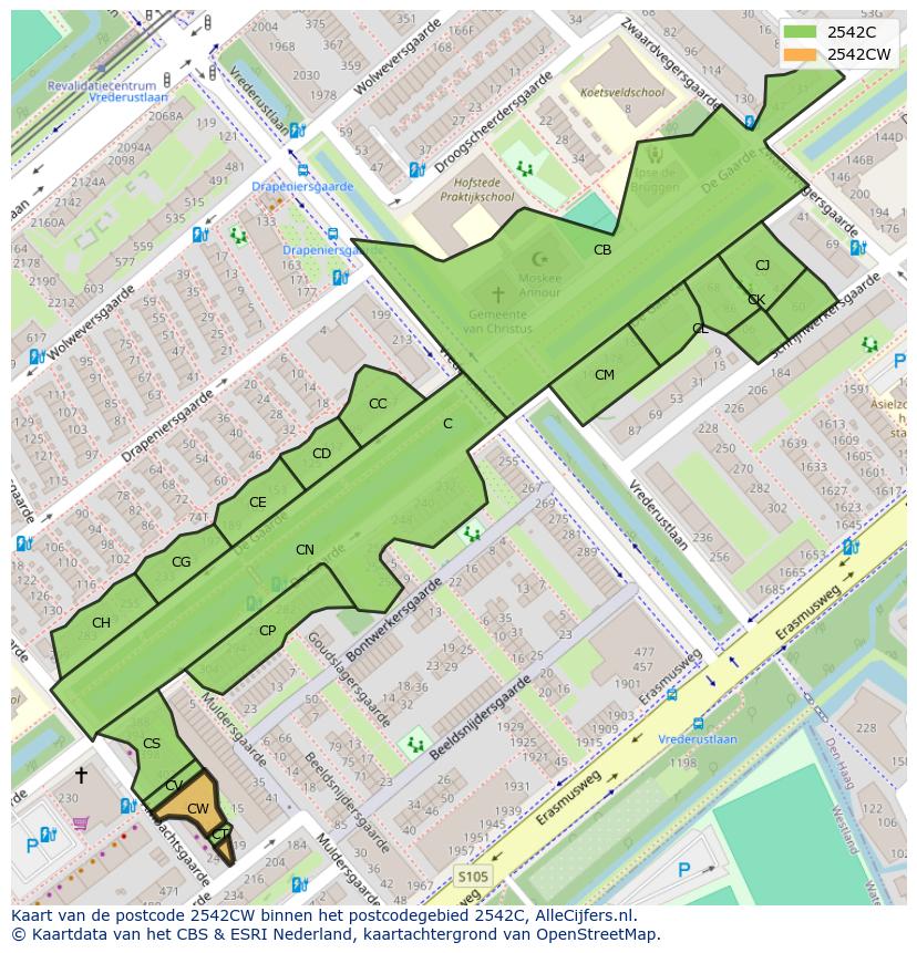Afbeelding van het postcodegebied 2542 CW op de kaart.