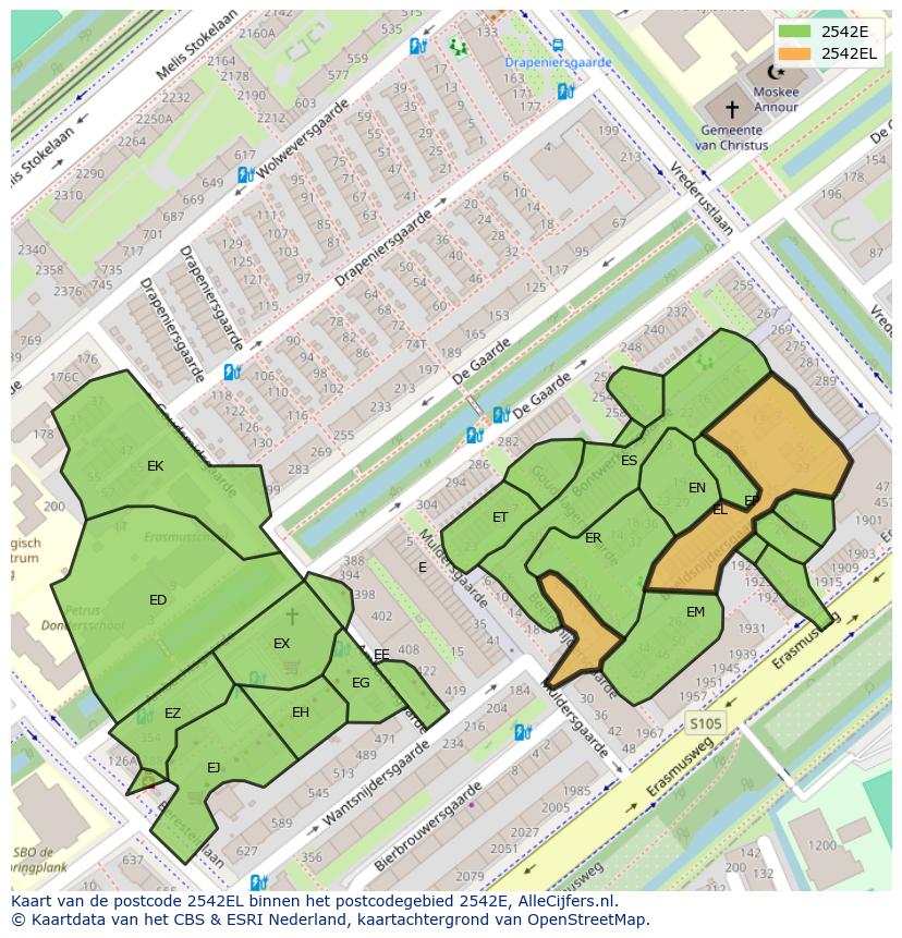 Afbeelding van het postcodegebied 2542 EL op de kaart.