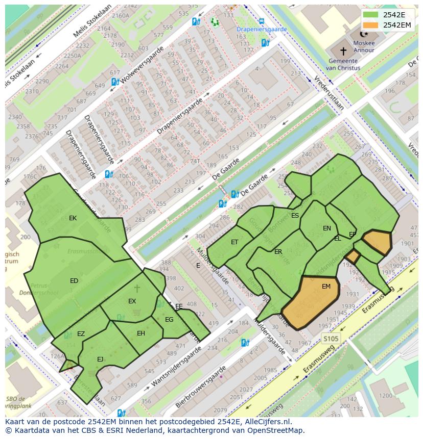 Afbeelding van het postcodegebied 2542 EM op de kaart.