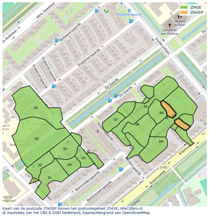 Afbeelding van het postcodegebied 2542 EP op de kaart.