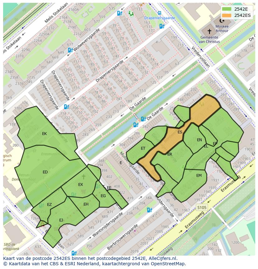 Afbeelding van het postcodegebied 2542 ES op de kaart.