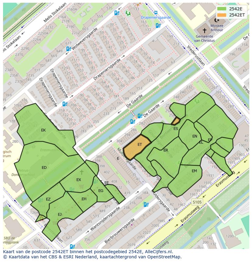 Afbeelding van het postcodegebied 2542 ET op de kaart.