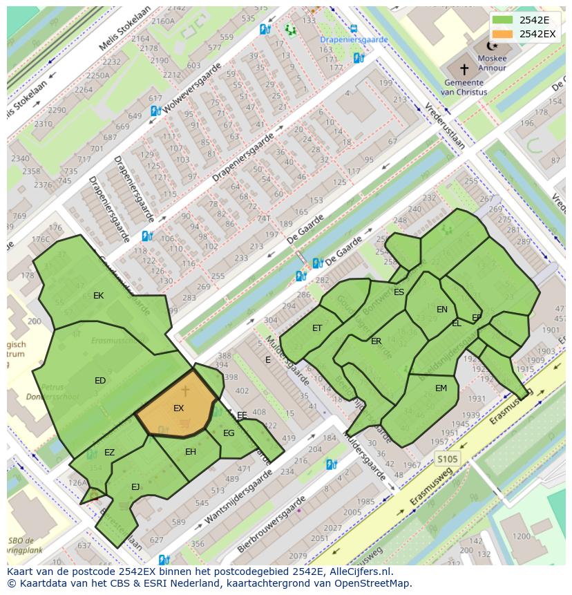 Afbeelding van het postcodegebied 2542 EX op de kaart.