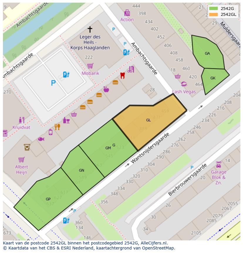 Afbeelding van het postcodegebied 2542 GL op de kaart.