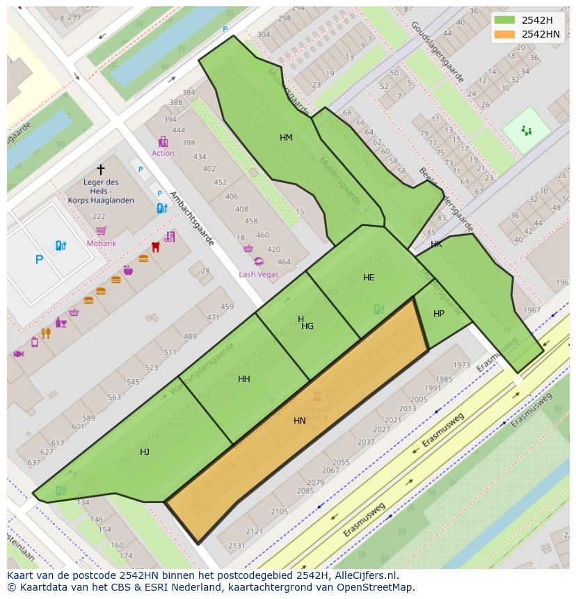 Afbeelding van het postcodegebied 2542 HN op de kaart.