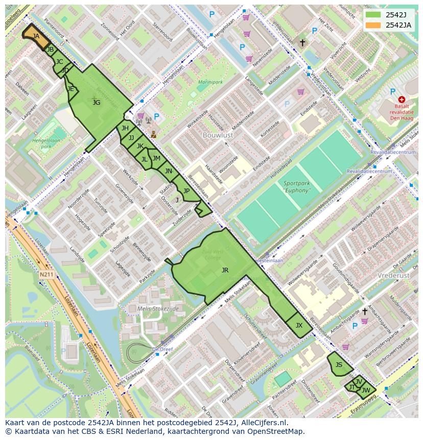 Afbeelding van het postcodegebied 2542 JA op de kaart.