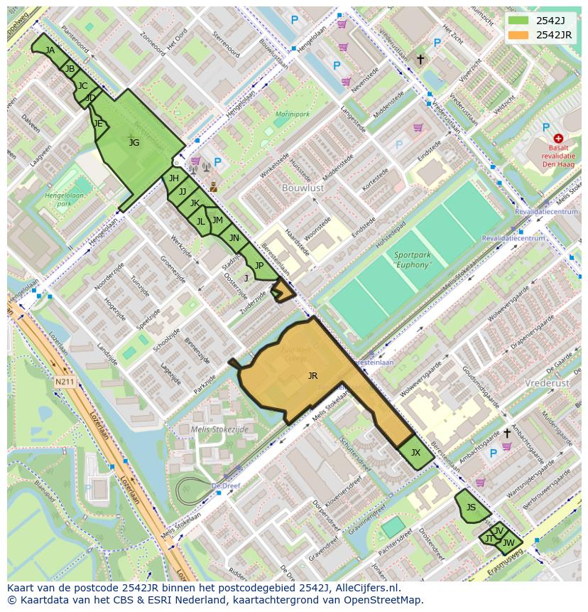 Afbeelding van het postcodegebied 2542 JR op de kaart.