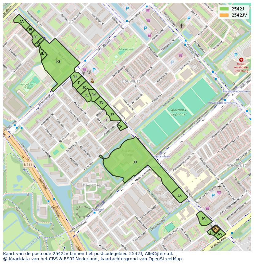 Afbeelding van het postcodegebied 2542 JV op de kaart.