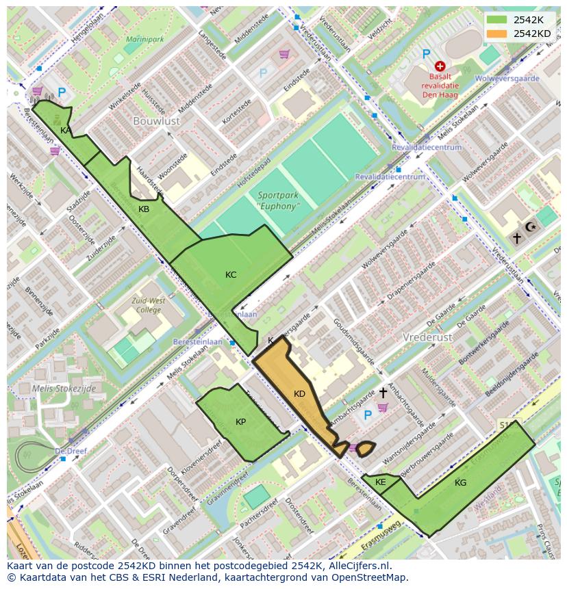 Afbeelding van het postcodegebied 2542 KD op de kaart.