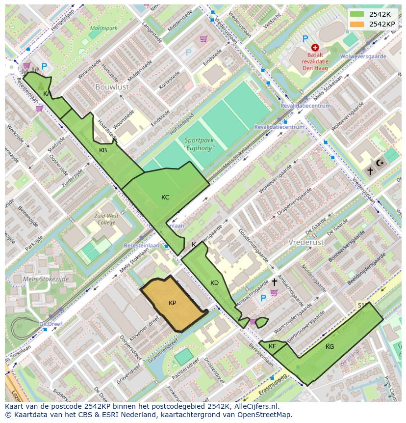 Afbeelding van het postcodegebied 2542 KP op de kaart.