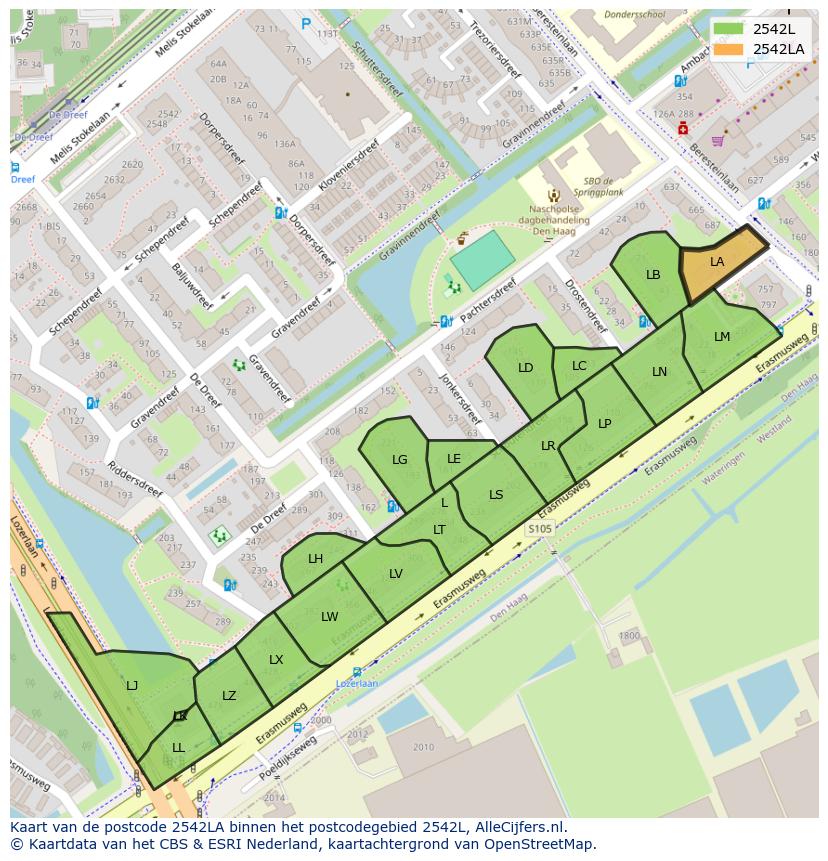 Afbeelding van het postcodegebied 2542 LA op de kaart.