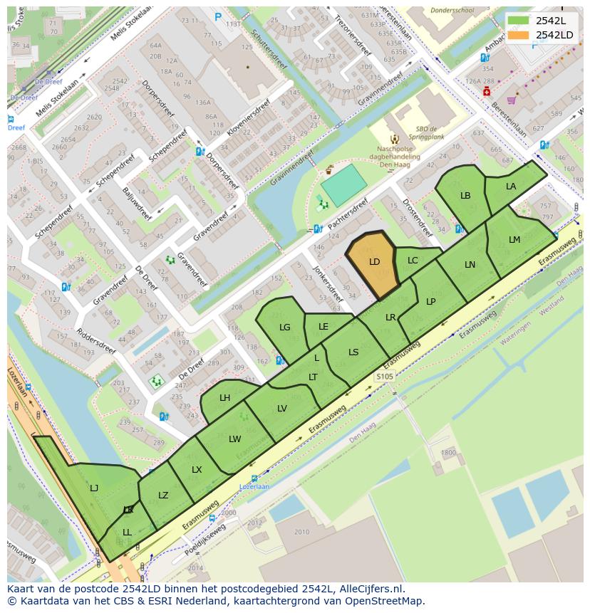 Afbeelding van het postcodegebied 2542 LD op de kaart.