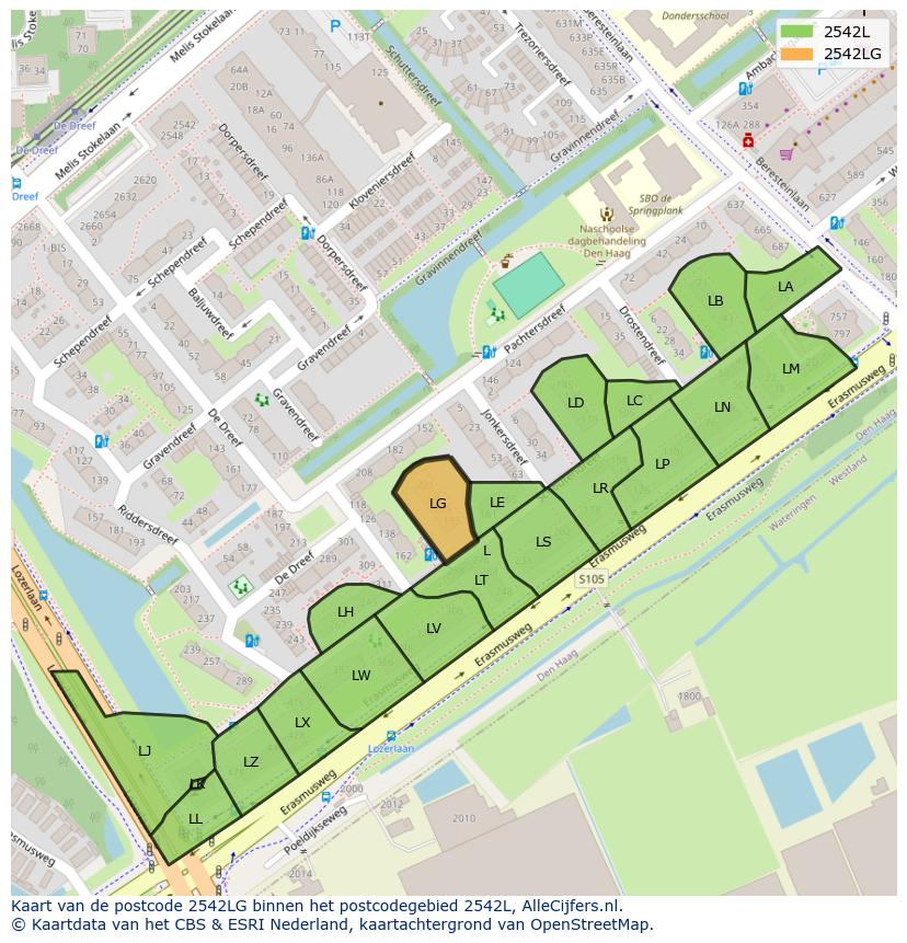 Afbeelding van het postcodegebied 2542 LG op de kaart.