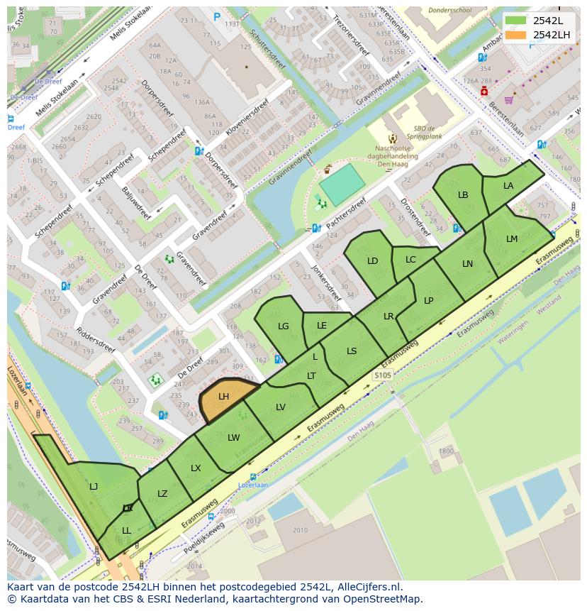 Afbeelding van het postcodegebied 2542 LH op de kaart.