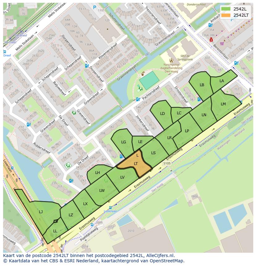 Afbeelding van het postcodegebied 2542 LT op de kaart.