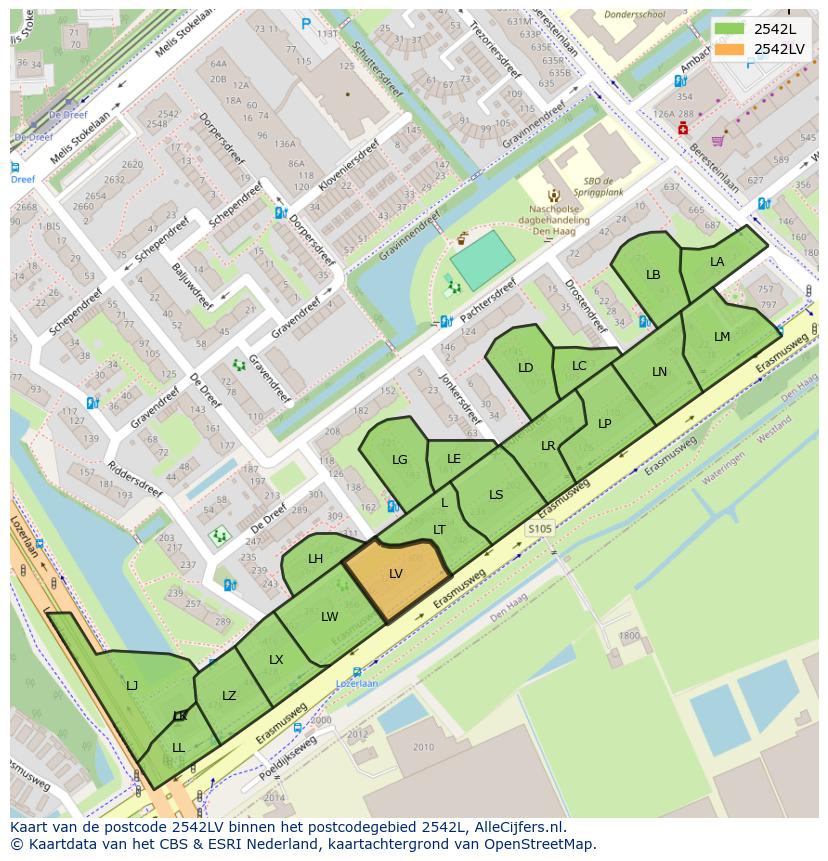 Afbeelding van het postcodegebied 2542 LV op de kaart.