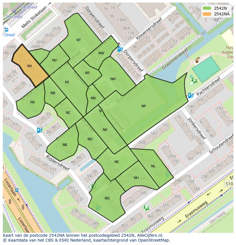 Afbeelding van het postcodegebied 2542 NA op de kaart.