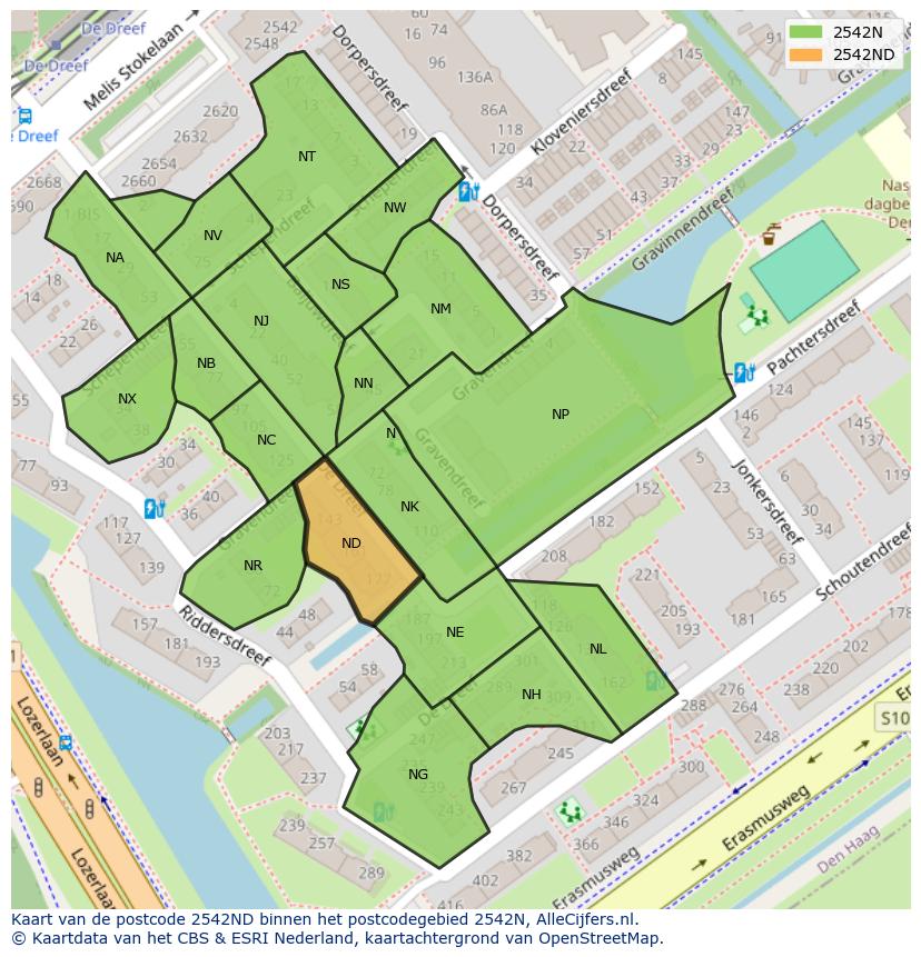 Afbeelding van het postcodegebied 2542 ND op de kaart.