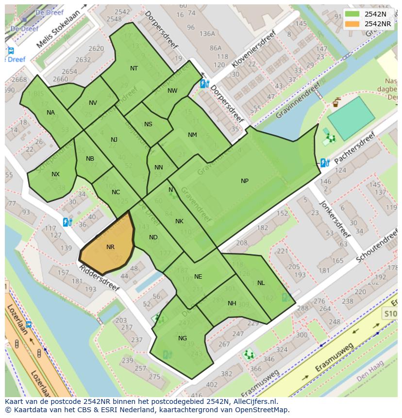 Afbeelding van het postcodegebied 2542 NR op de kaart.