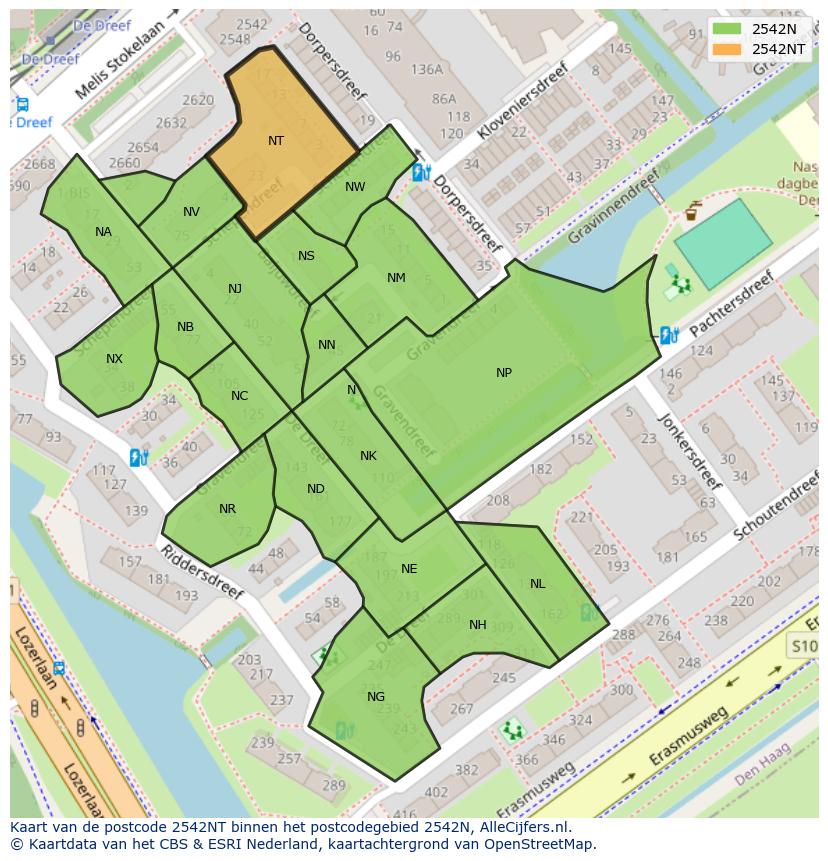 Afbeelding van het postcodegebied 2542 NT op de kaart.