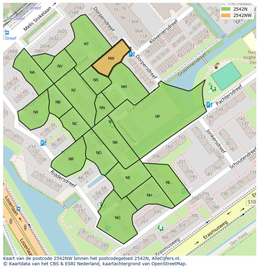 Afbeelding van het postcodegebied 2542 NW op de kaart.