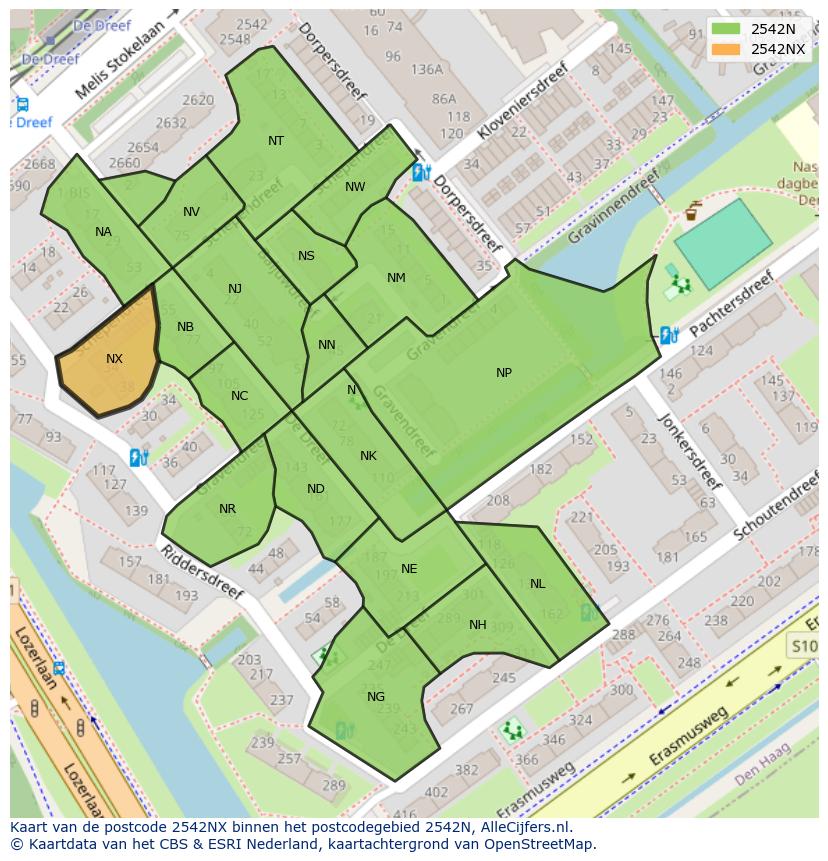 Afbeelding van het postcodegebied 2542 NX op de kaart.