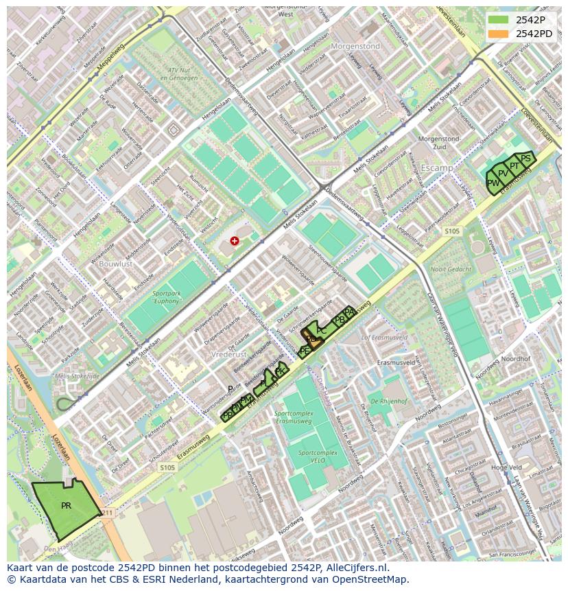 Afbeelding van het postcodegebied 2542 PD op de kaart.