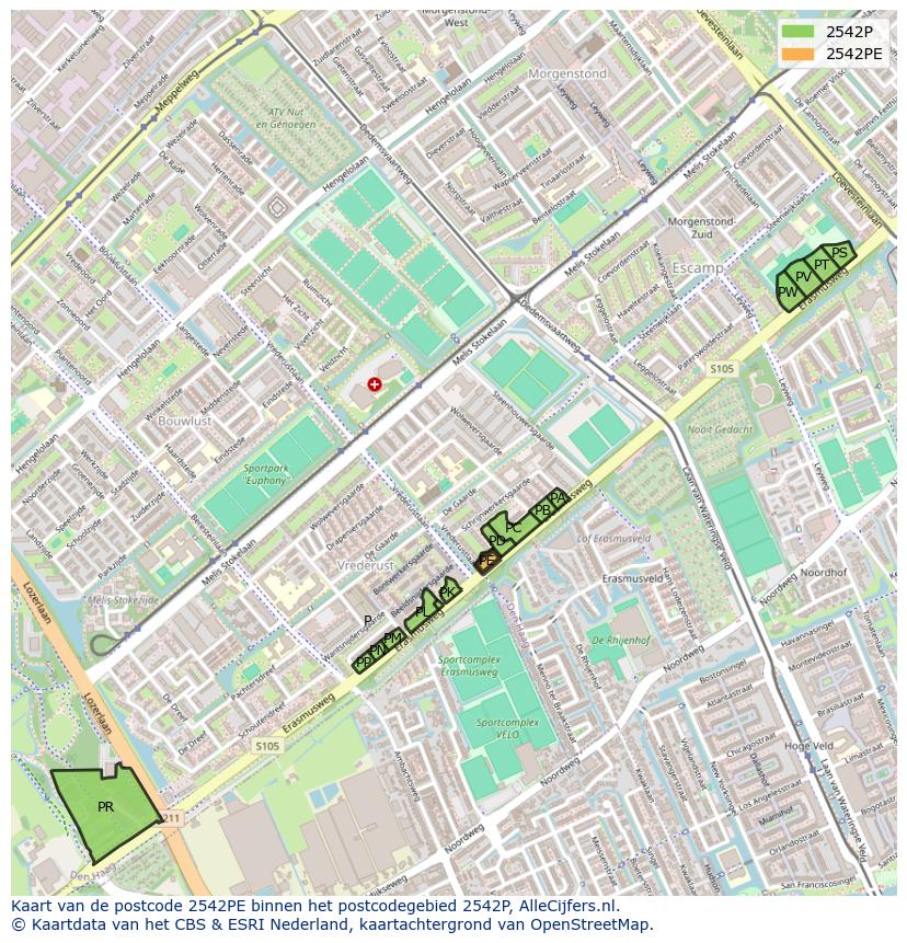 Afbeelding van het postcodegebied 2542 PE op de kaart.