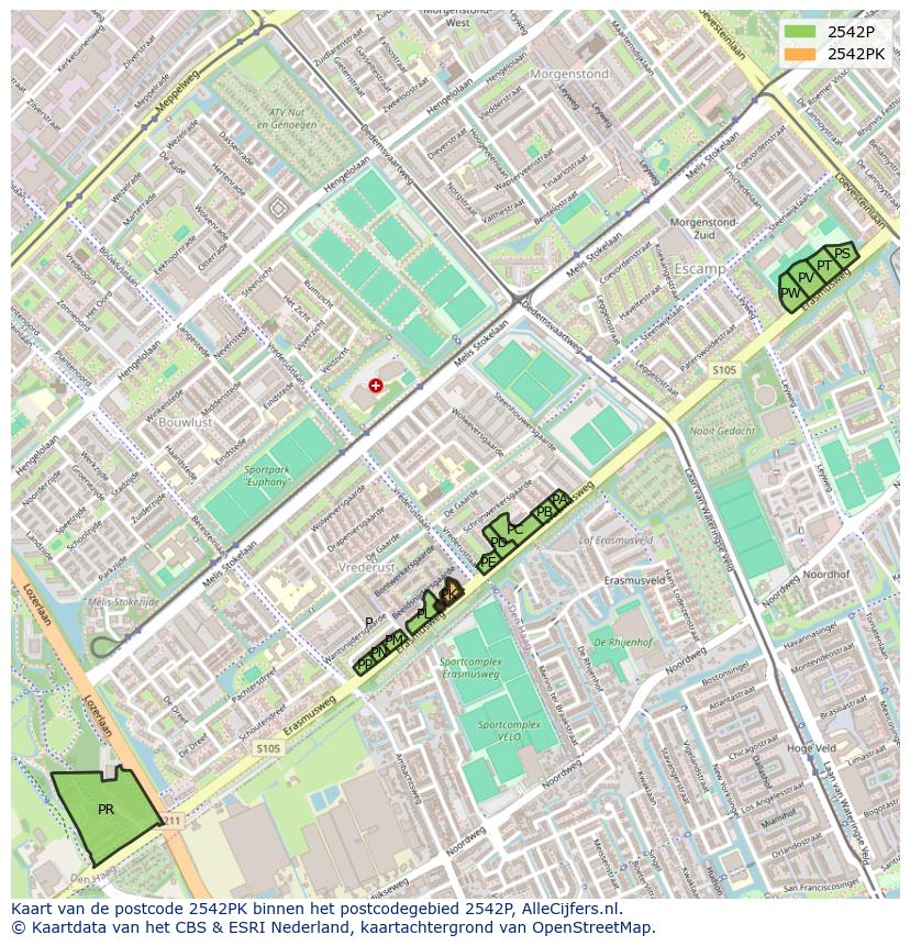 Afbeelding van het postcodegebied 2542 PK op de kaart.