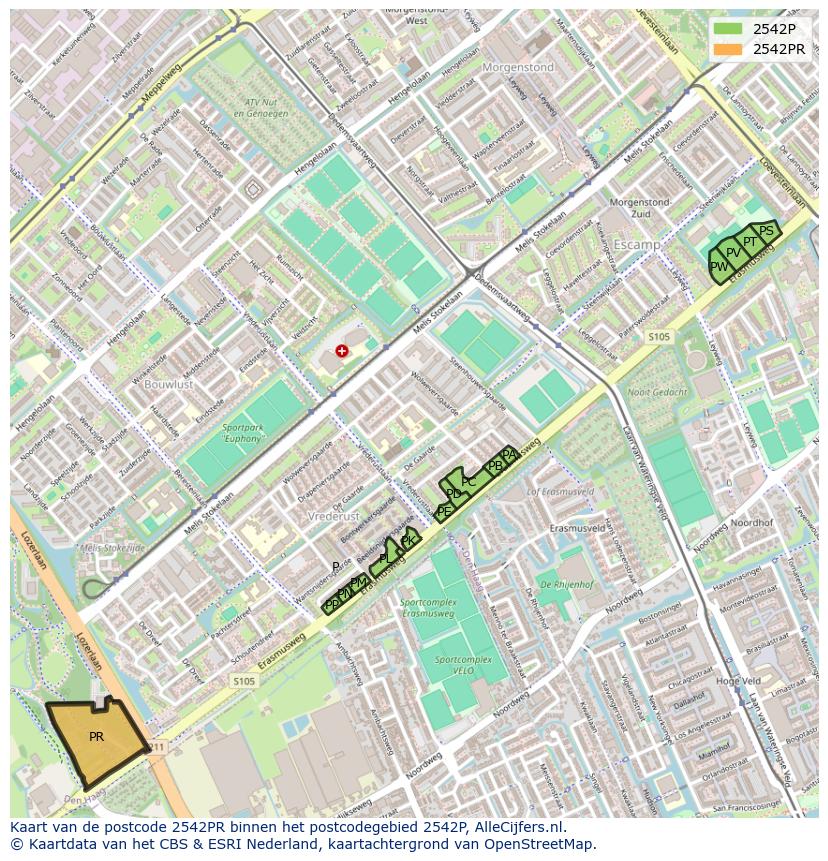 Afbeelding van het postcodegebied 2542 PR op de kaart.