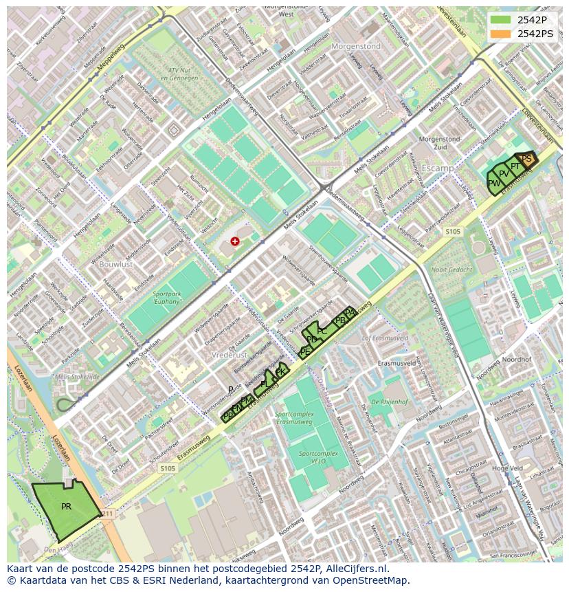 Afbeelding van het postcodegebied 2542 PS op de kaart.