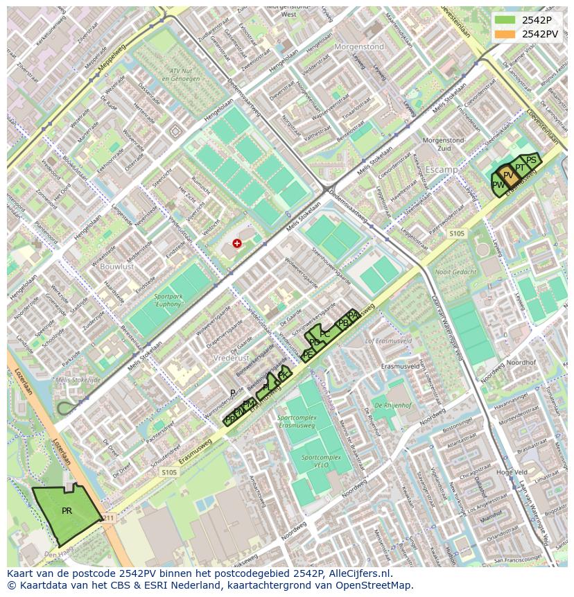 Afbeelding van het postcodegebied 2542 PV op de kaart.