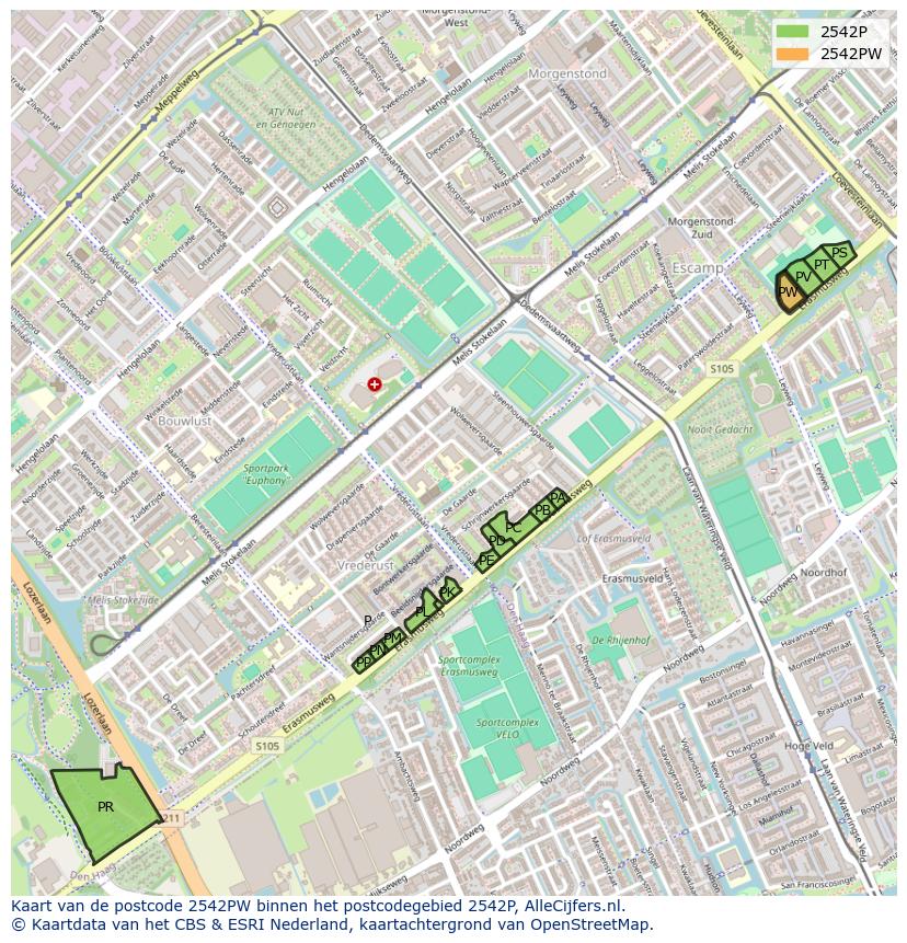 Afbeelding van het postcodegebied 2542 PW op de kaart.