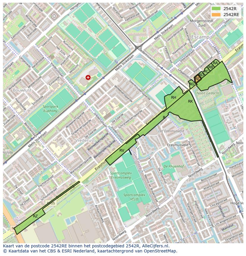 Afbeelding van het postcodegebied 2542 RE op de kaart.