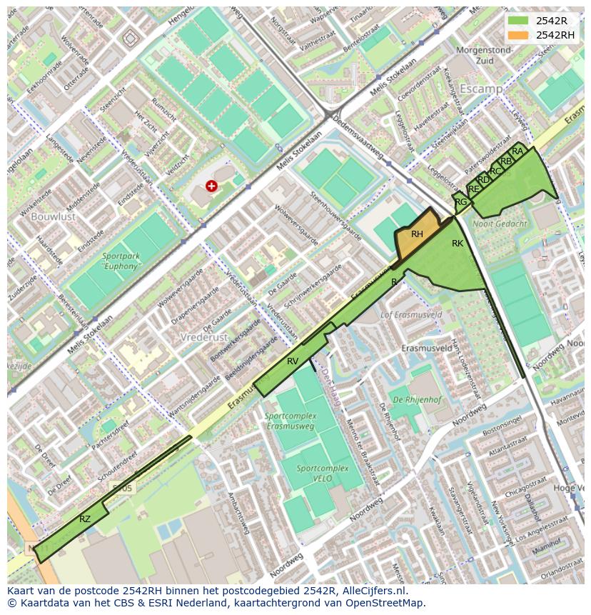 Afbeelding van het postcodegebied 2542 RH op de kaart.