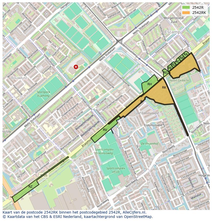 Afbeelding van het postcodegebied 2542 RK op de kaart.