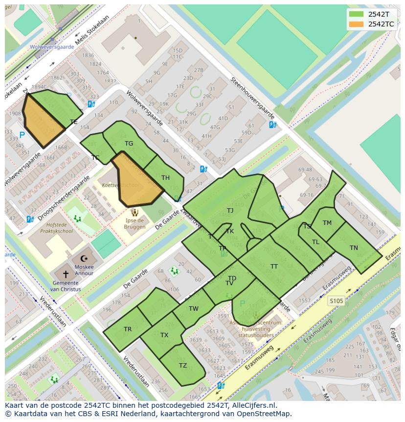 Afbeelding van het postcodegebied 2542 TC op de kaart.