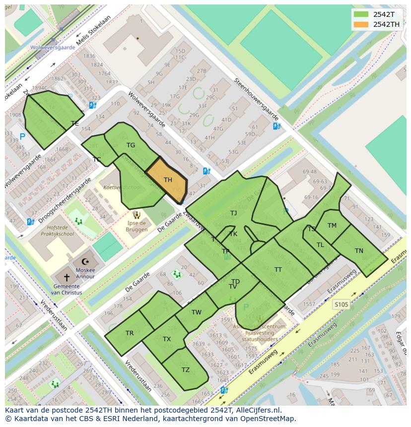 Afbeelding van het postcodegebied 2542 TH op de kaart.