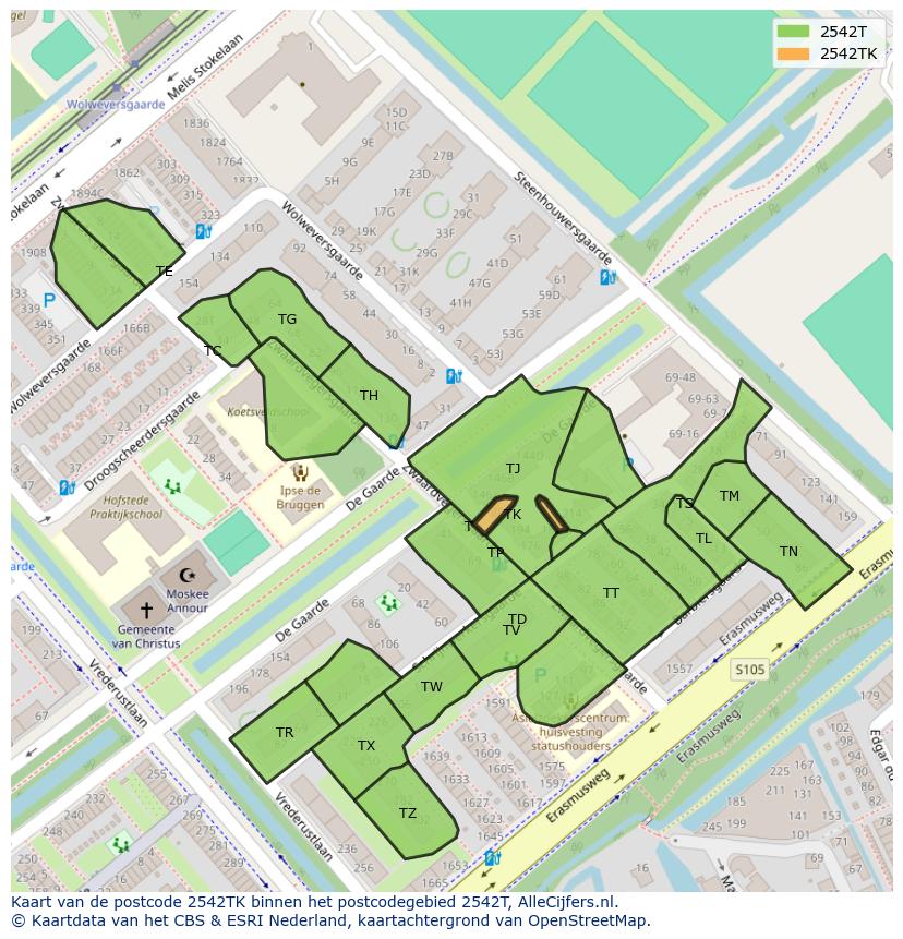 Afbeelding van het postcodegebied 2542 TK op de kaart.