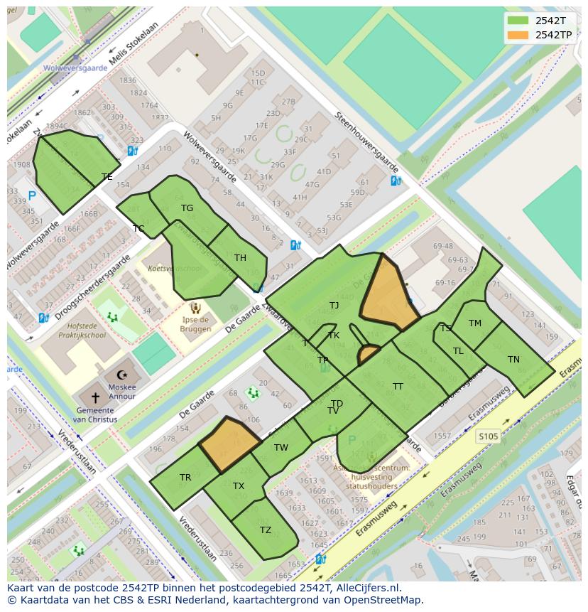 Afbeelding van het postcodegebied 2542 TP op de kaart.