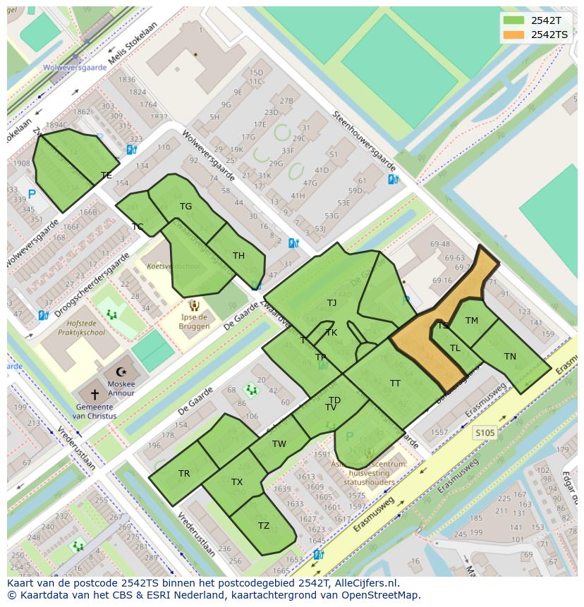 Afbeelding van het postcodegebied 2542 TS op de kaart.