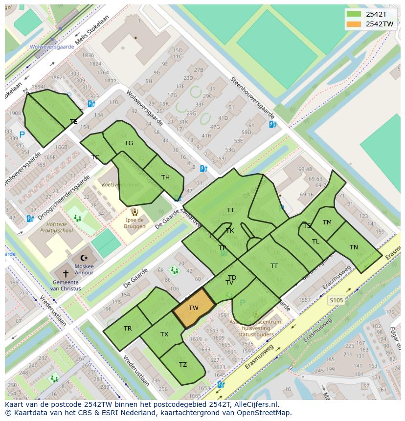 Afbeelding van het postcodegebied 2542 TW op de kaart.
