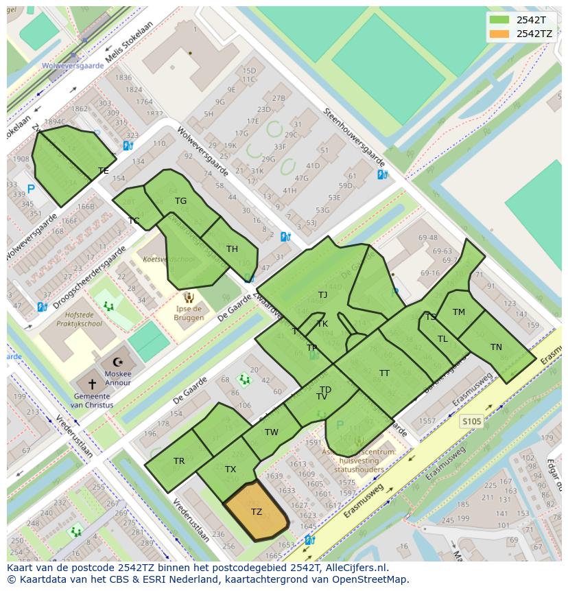 Afbeelding van het postcodegebied 2542 TZ op de kaart.