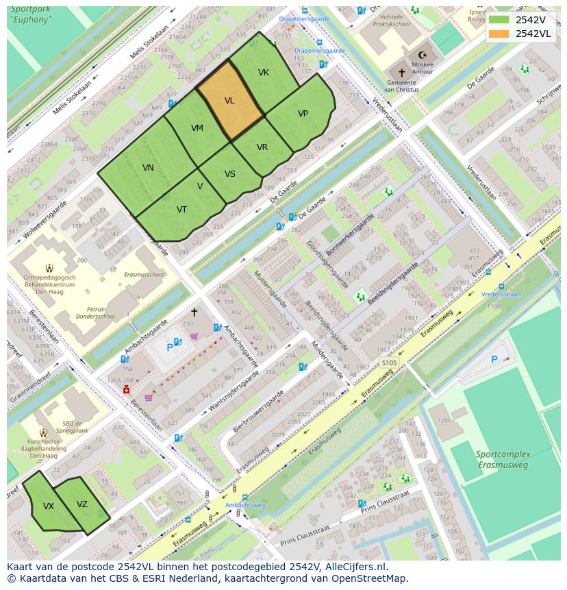 Afbeelding van het postcodegebied 2542 VL op de kaart.