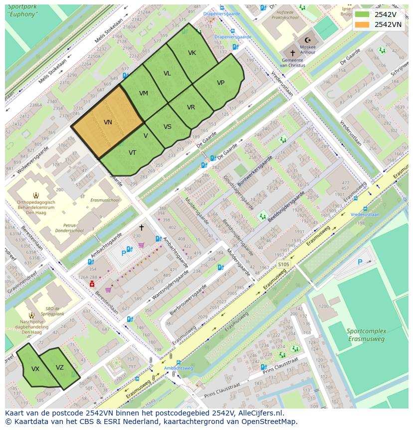 Afbeelding van het postcodegebied 2542 VN op de kaart.