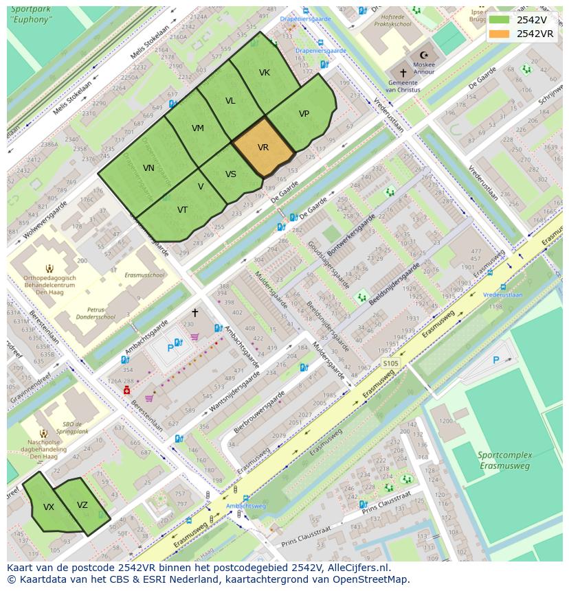 Afbeelding van het postcodegebied 2542 VR op de kaart.