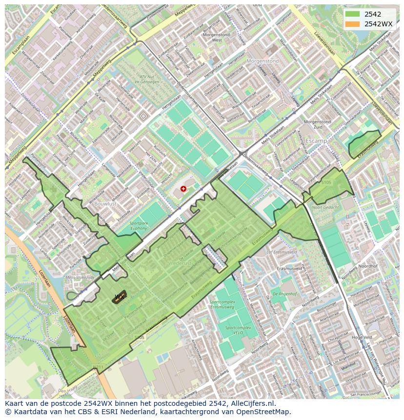 Afbeelding van het postcodegebied 2542 WX op de kaart.