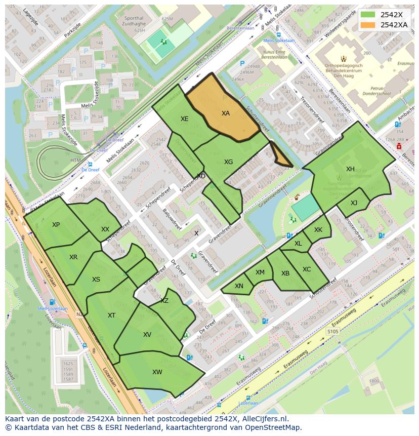 Afbeelding van het postcodegebied 2542 XA op de kaart.