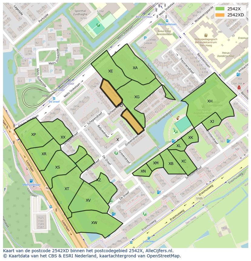 Afbeelding van het postcodegebied 2542 XD op de kaart.