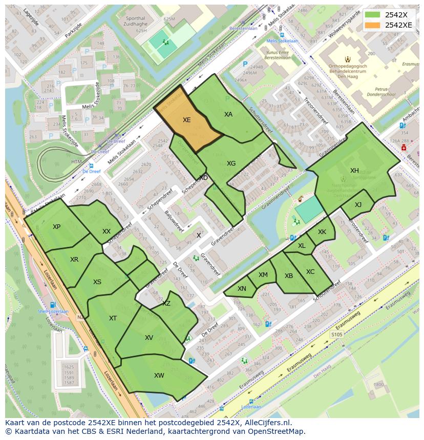 Afbeelding van het postcodegebied 2542 XE op de kaart.